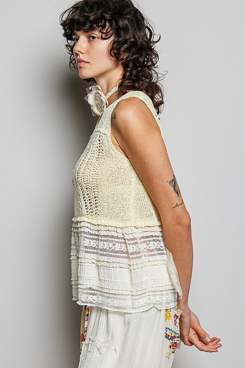 Sleeveless crochet sweater vest in lemon with V-neck and layered lace hem