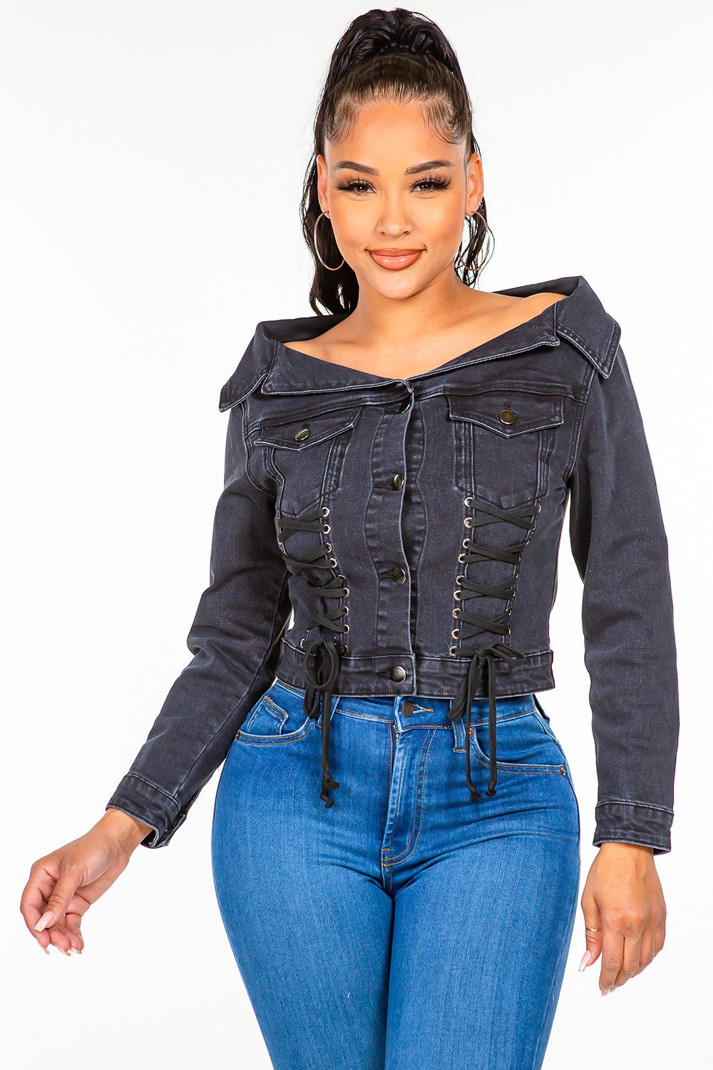 American Bazi Off Shoulder Lace Up Denim Jacket - Tigbul's Variety Fashion Shop