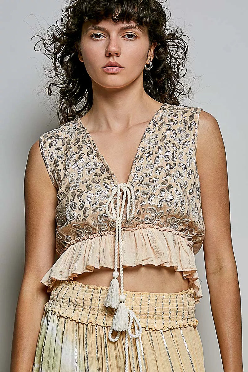 POL Shimmer Pattern Tie Front Tassel Ruffle Hem Sleeveless Crop Top | Tigbuls