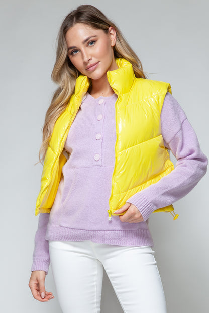 Yellow Zip Up Turtleneck Shiny Quilted Vest - Tigbul's Variety Fashion Shop