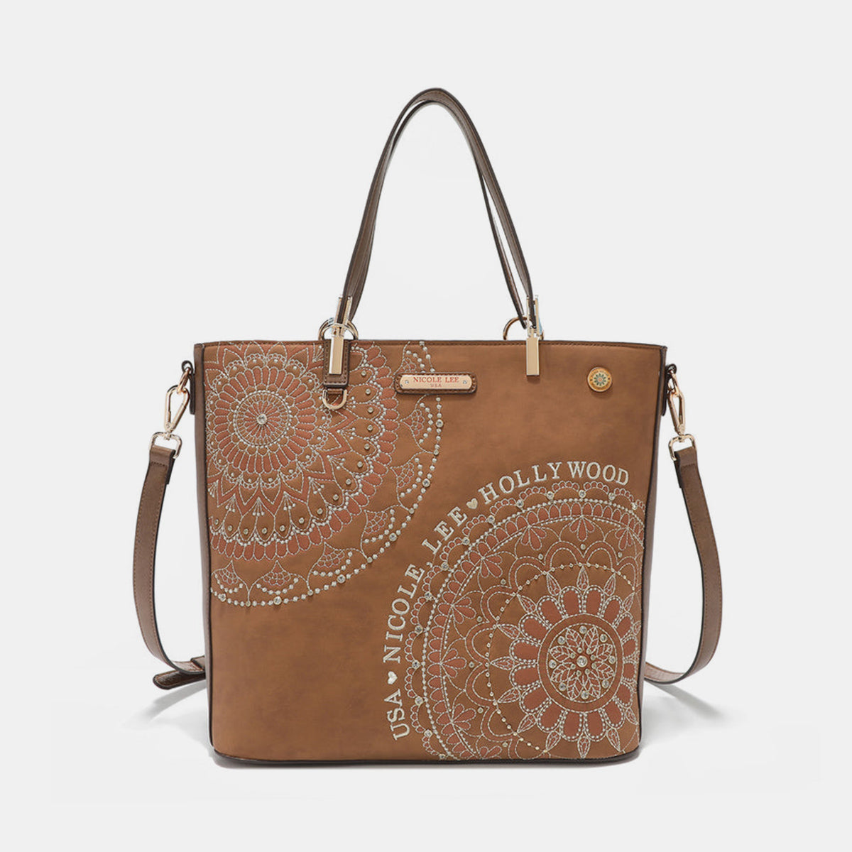 Nicole Lee USA Metallic Stitching Embroidery Inlaid Rhinestone Tote Bag - Tigbul's Variety Fashion Shop