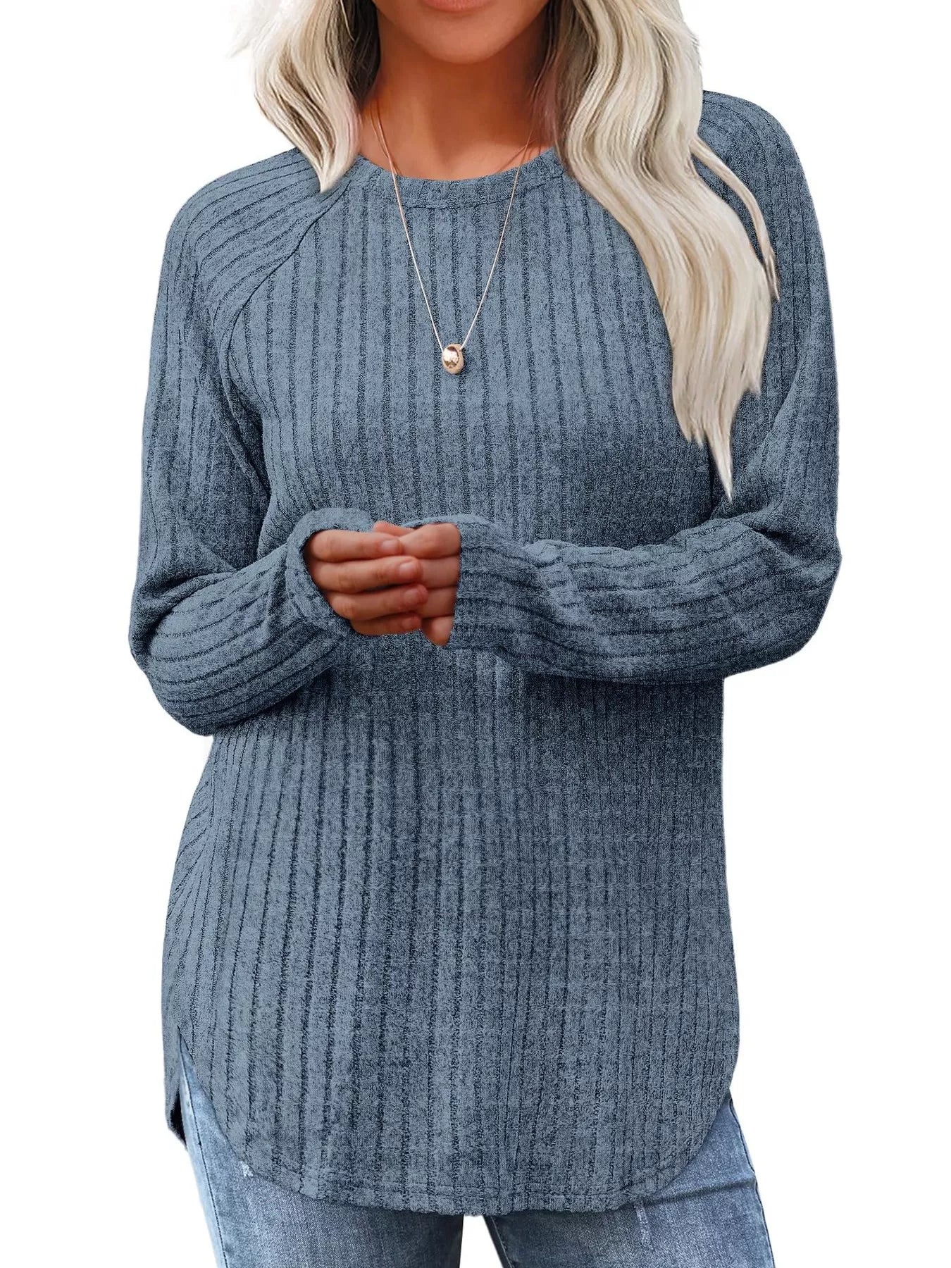 Ribbed Knit Long Sleeve T-Shirt - Tigbul's Variety Fashion Shop