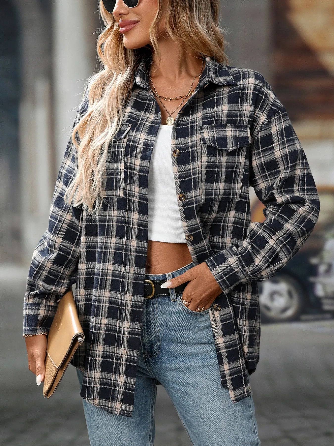 Plaid Button-Down Oversized Shirt - Tigbul's Variety Fashion Shop