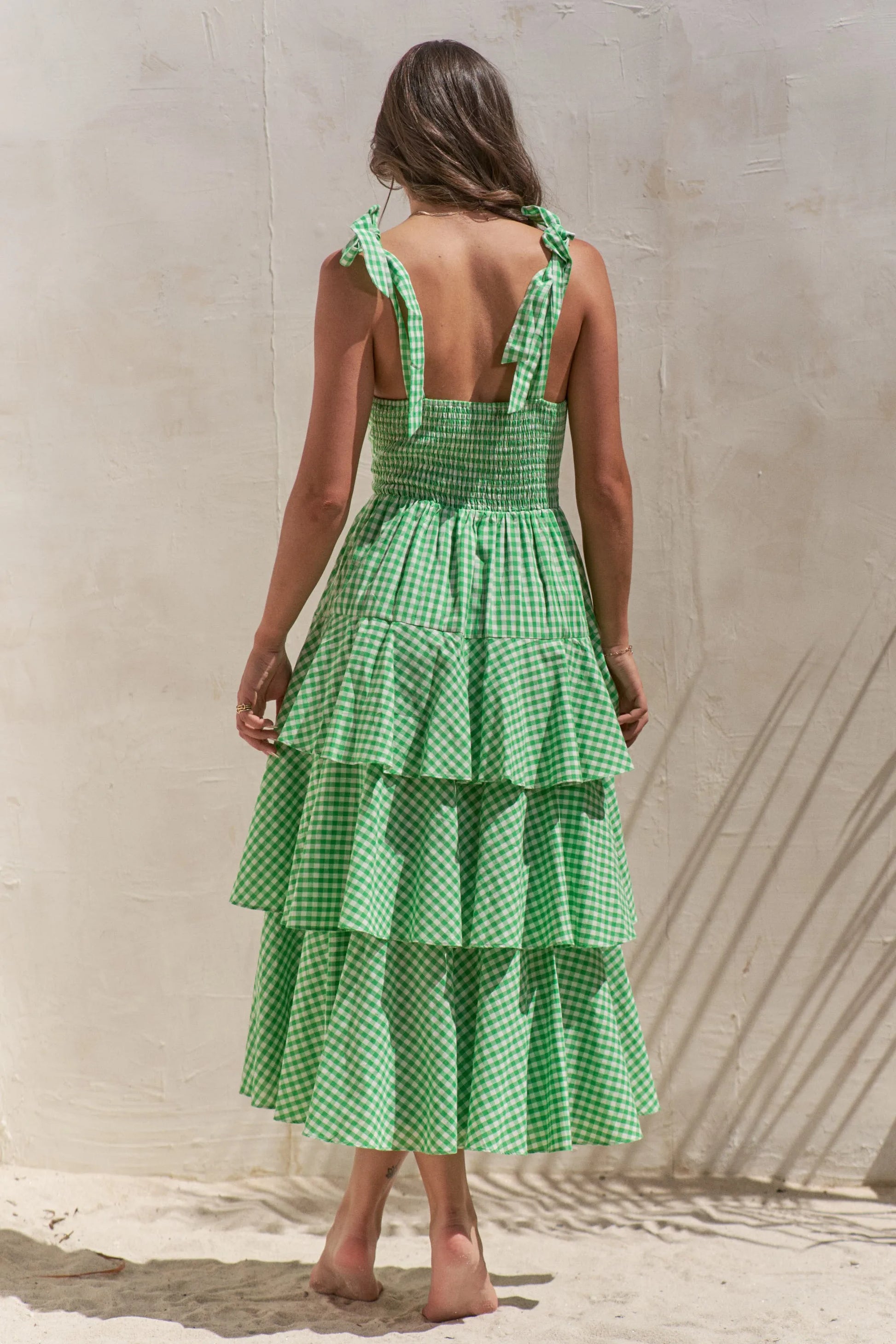 Sleeveless Gingham Print Tiered Green Midi Dress - Tigbul's Variety Fashion Shop