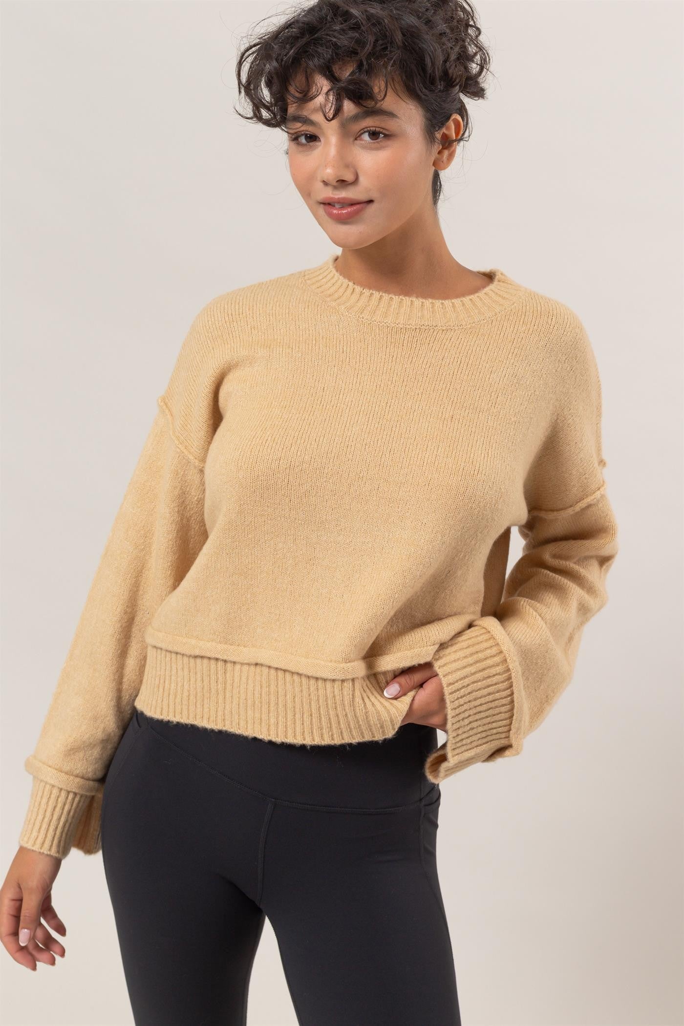 Taupe Round Neck Dropped Shoulder Ribbed Sweater - Tigbul's Variety Fashion Shop