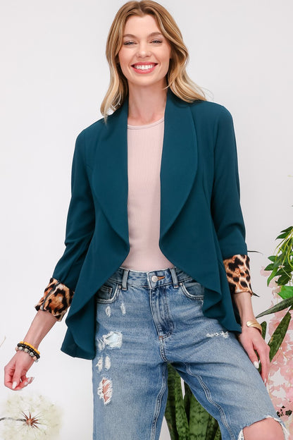 Celeste Full Size Rolled Leopard Cuff Open Front Blazer - Tigbul's Variety Fashion Shop