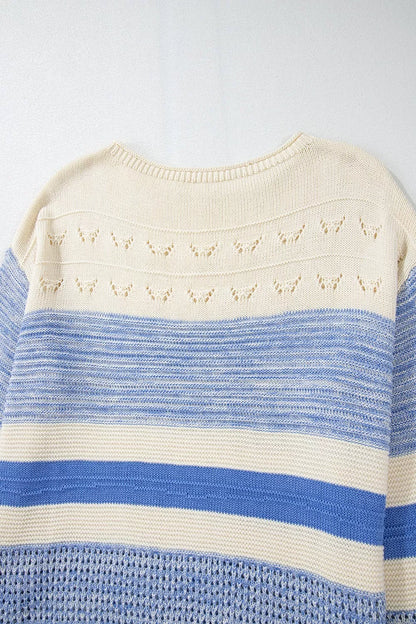 Openwork Striped Knit Long Sleeve Sweater - Tigbul's Variety Fashion Shop