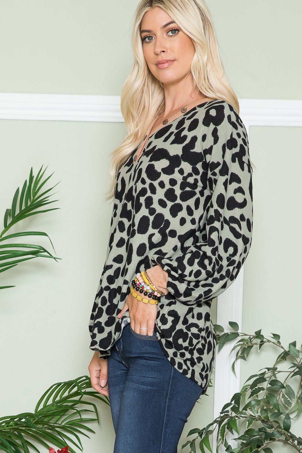 Celeste Full Size Leopard V-Neck Long Sleeve Blouse - Tigbul's Variety Fashion Shop