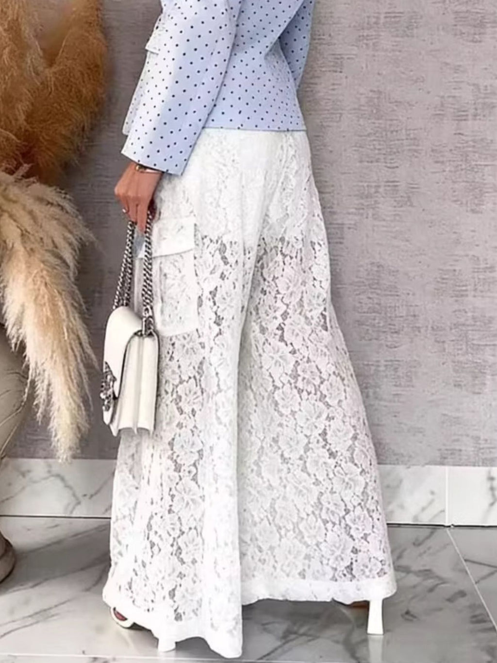 Women’s lace wide-leg pants, white—wide leg with lace overlay and elastic waistband
