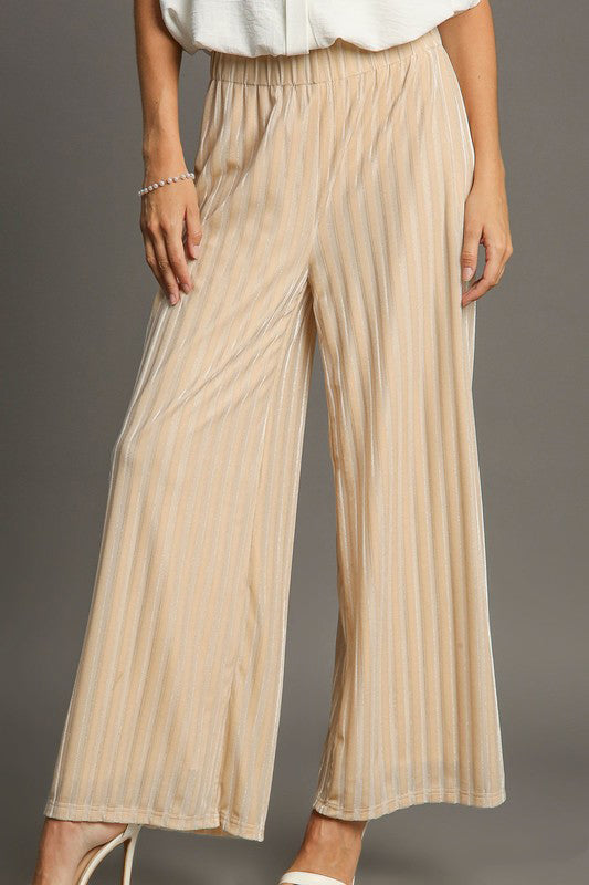 Umgee Elastic Waist Striped Wide Leg Velvet Pants - Tigbul's Variety Fashion Shop