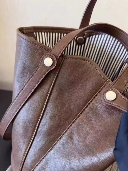 Brown Faux Leather Bucket Tote Bag - Tigbuls Variety Fashion Shop