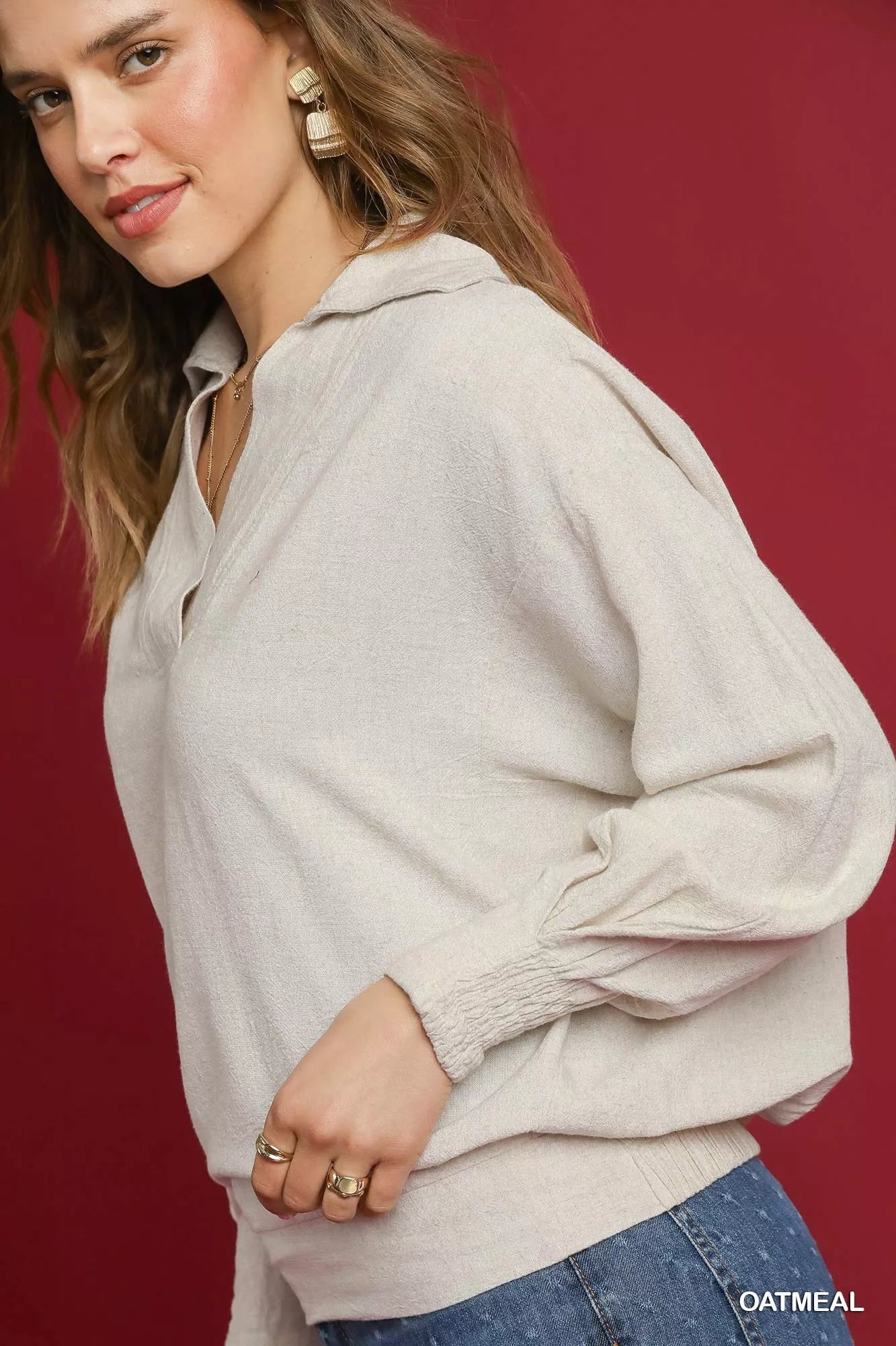 Umgee Linen Long Sleeves Elastic Hem Blouse - Tigbul's Variety Fashion Shop