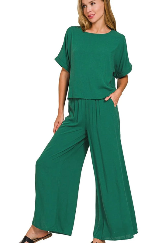 Zenana Round Neck T-Shirt and Wide Leg Pants Set - Tigbul's Variety Fashion Shop