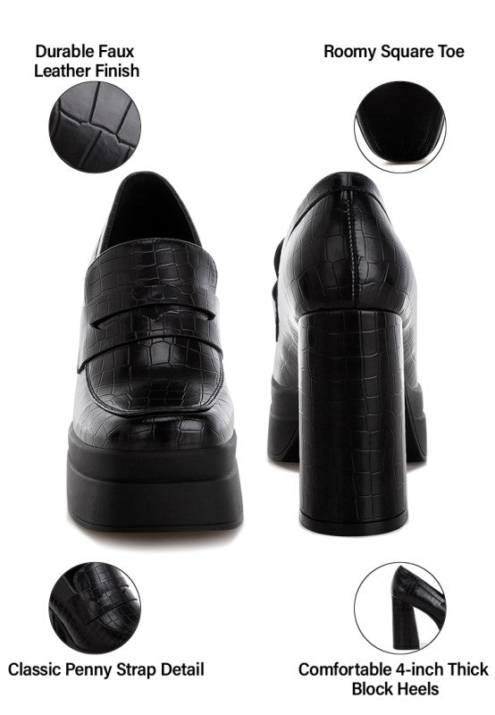 Black penny strap loafers with roomy square toe and textured faux-leather finish