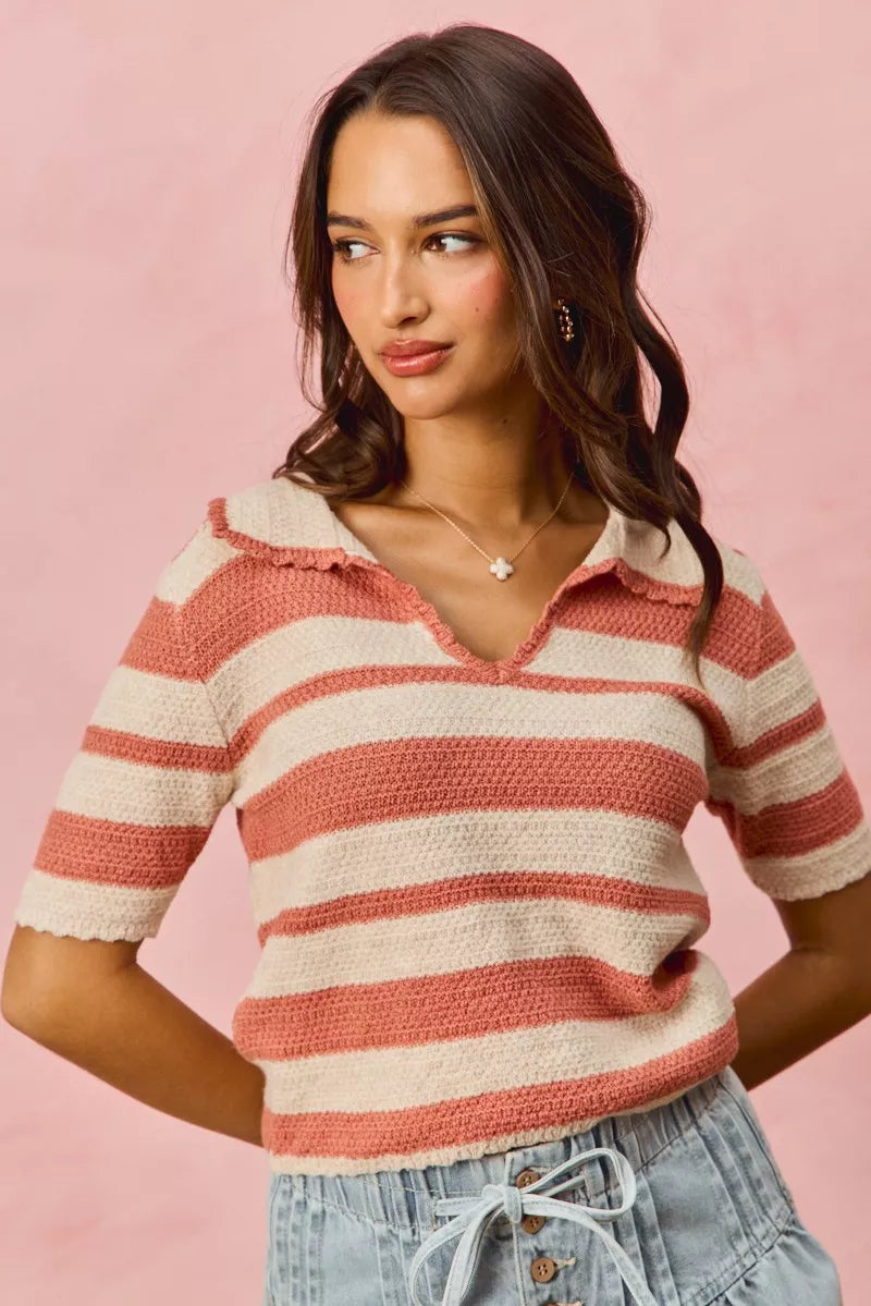 Pink Stripe Short Sleeve Cropped Sweater - Tigbul's Variety Fashion Shop