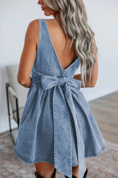 V-Back Bow Tie Denim Skater Dress - Tigbul's Variety Fashion Shop