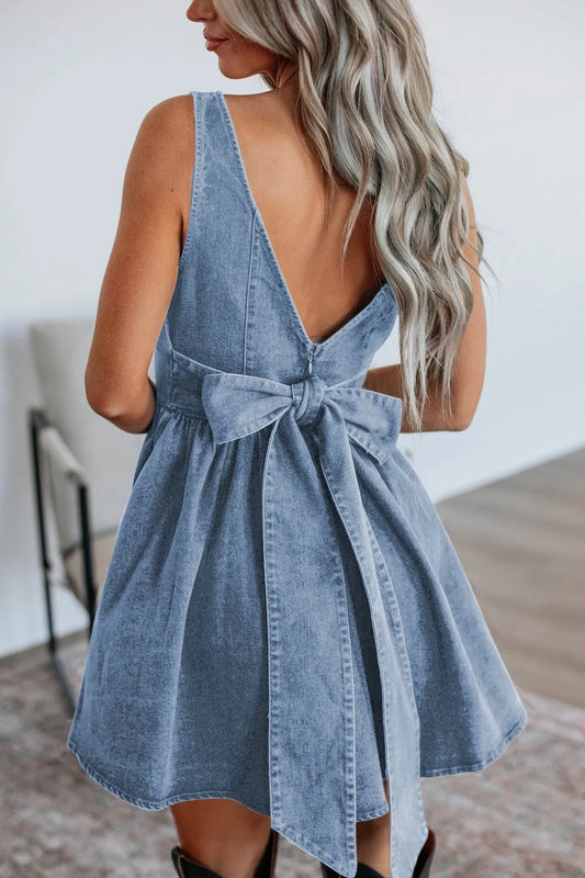 V-Back Bow Tie Denim Skater Dress - Tigbul's Variety Fashion Shop