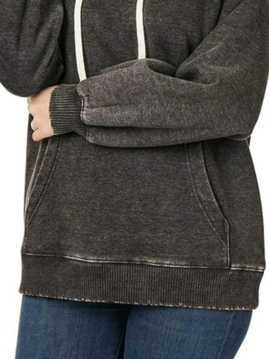 Zenana Acid Wash Fleece Hoodie with Drawstring - Tigbul's Variety Fashion Shop