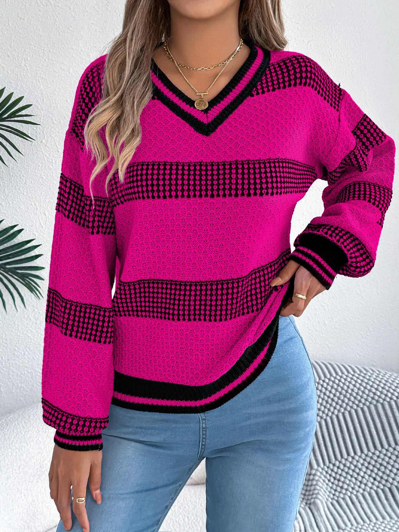 Contrast Striped V-Neck Sweater - Tigbul's Variety Fashion Shop
