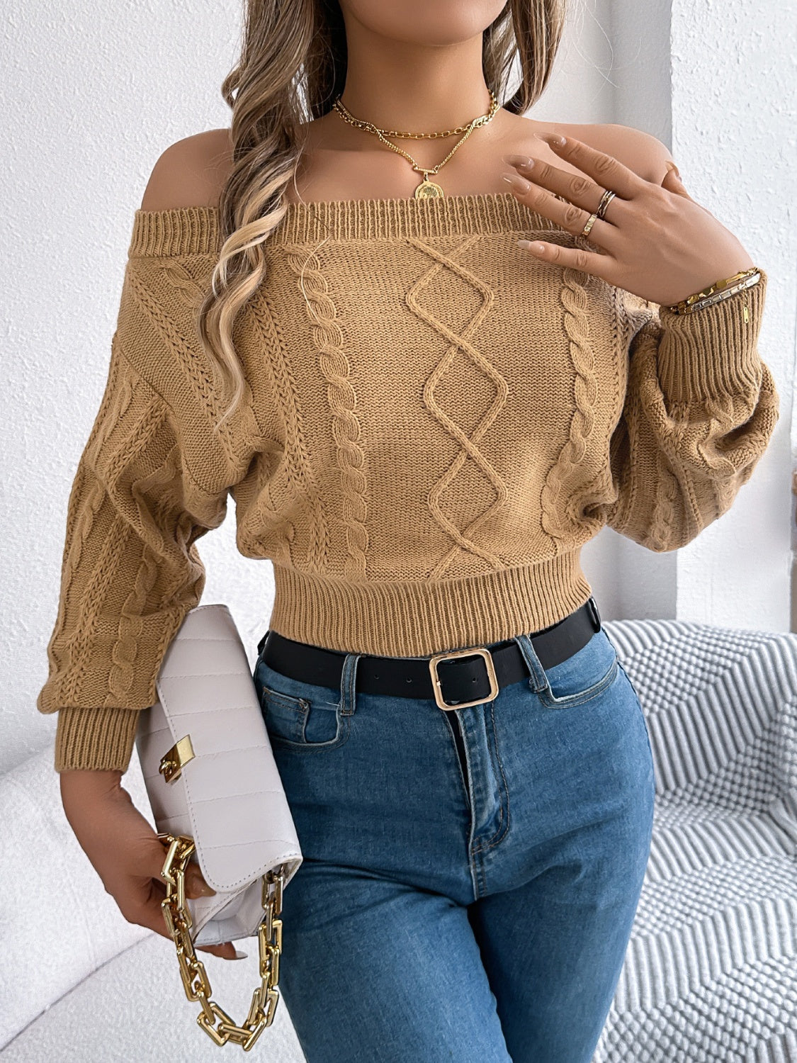 Cable Knit Off-Shoulder Long Sleeve Sweater - Tigbul's Variety Fashion Shop