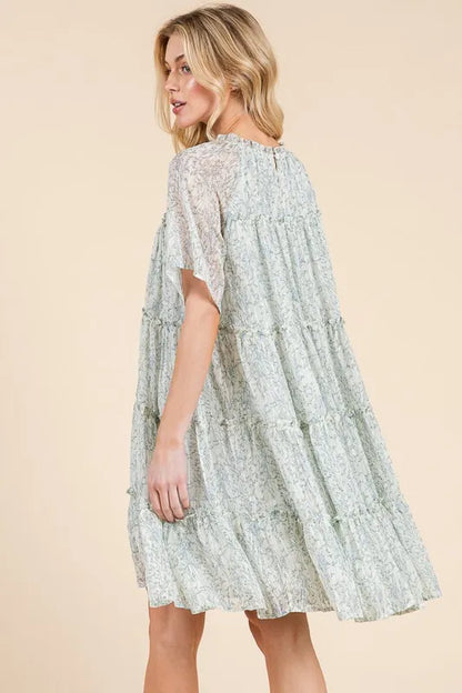 Lime 'N' Chili Ditsy Floral Print Sheer Ruffle Detail Mini Dress - Tigbul's Variety Fashion Shop