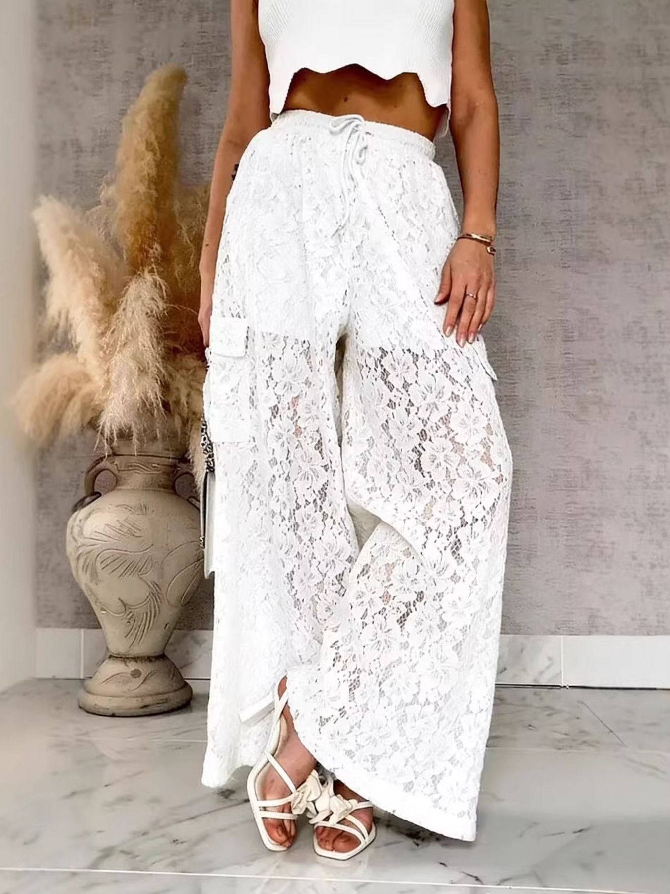 Women’s lace wide-leg pants, white—high-rise elastic waist with tie and wide flares