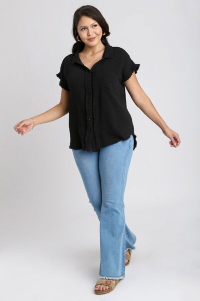 Black Frayed Hem Collared Neck Short Sleeve Shirt - Tigbul's Variety Fashion Shop