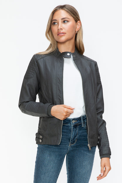 Charcoal Faux Leather Biker Jacket with Side Zip Pockets