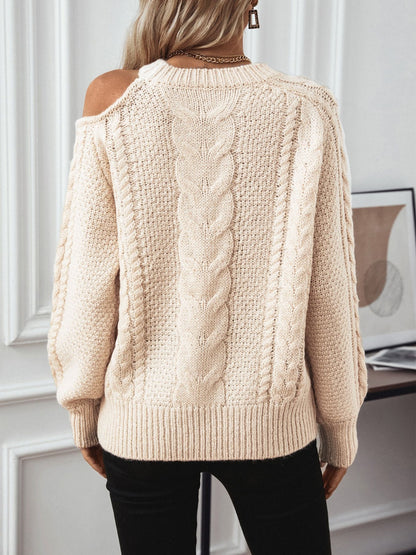 Cable Knit Round Neck Cold Shoulder Sweater - Tigbul's Variety Fashion Shop