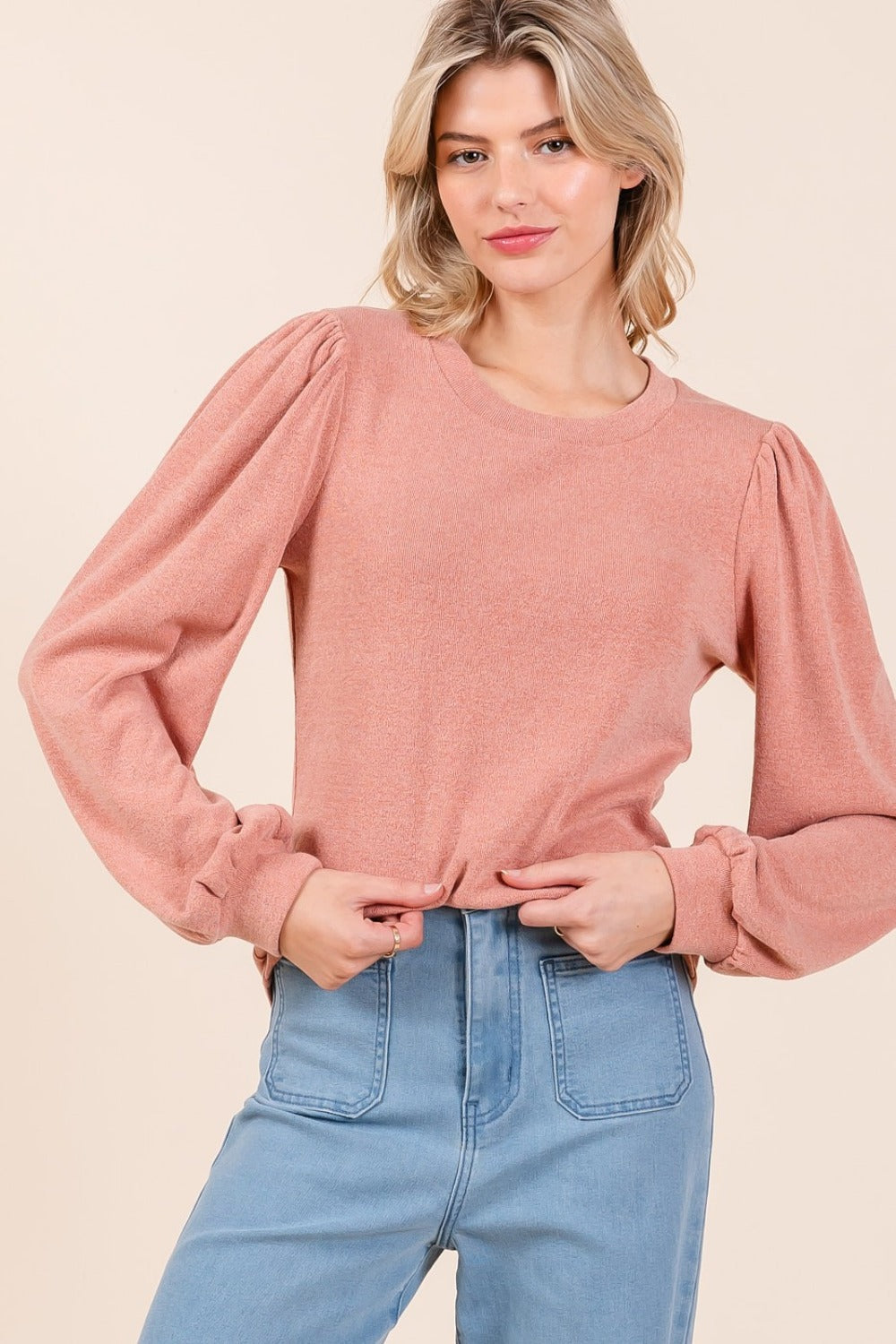 Round Neck Long Sleeve Rib Knit Top - Tigbul's Variety Fashion Shop