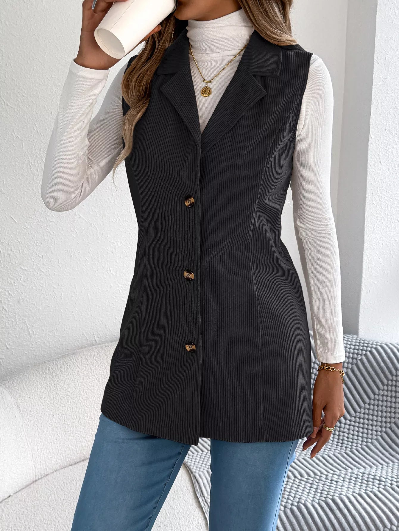 Button-Front Longline Vest Coat - Tigbul's Variety Fashion Shop