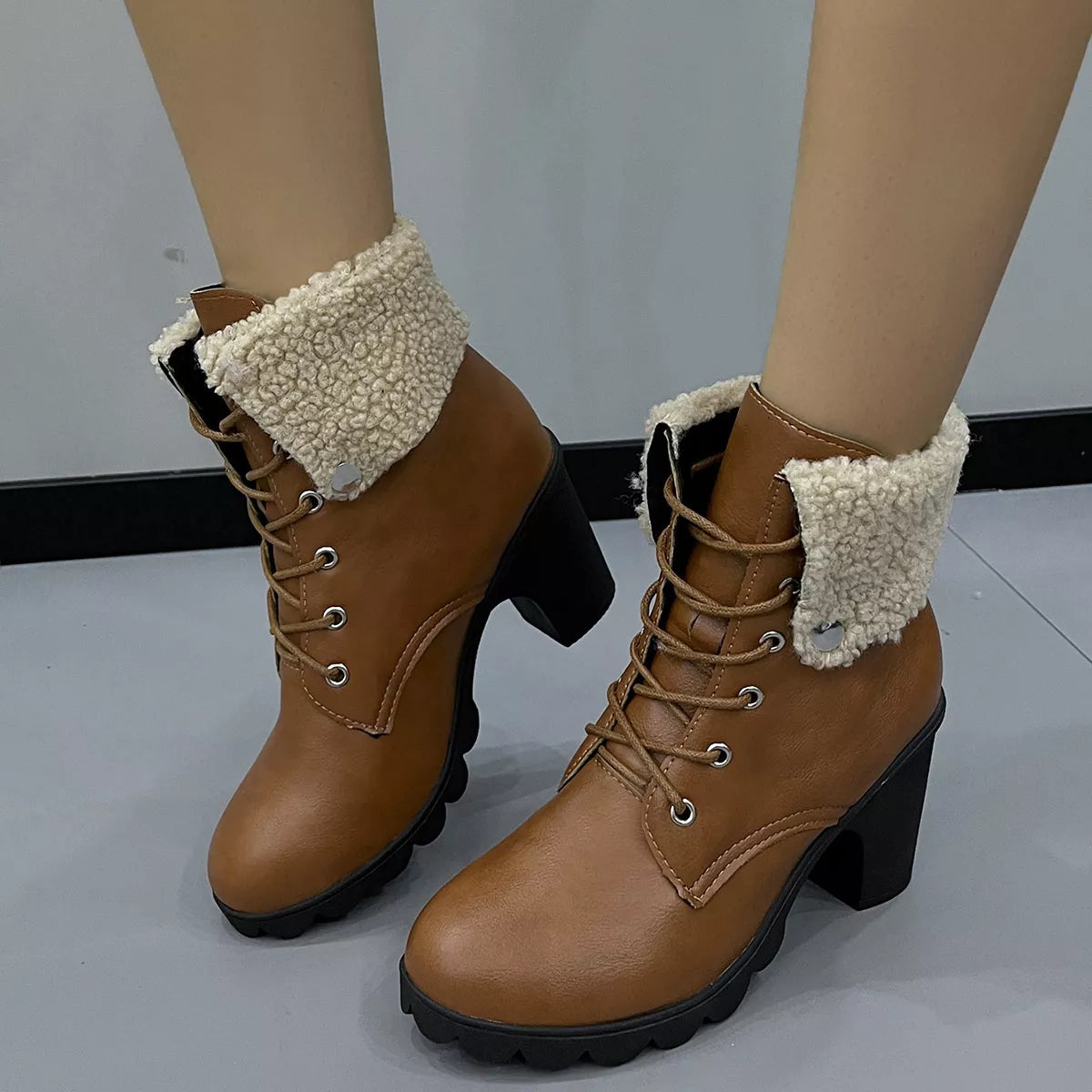 Lace Up Block Heels Boots - Tigbul's Variety Fashion Shop