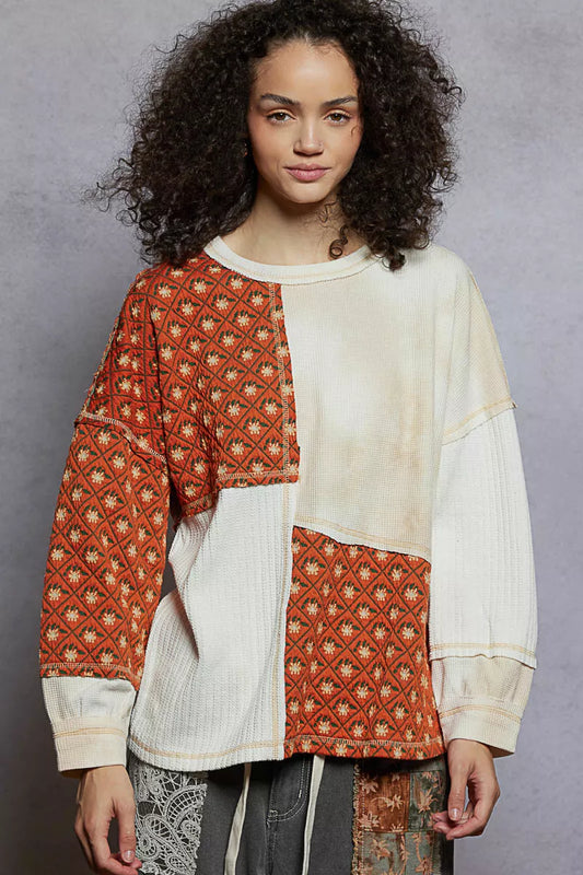 POL Contrast Patchwork Round Neck Long Sleeve Top - Tigbul's Variety Fashion Shop