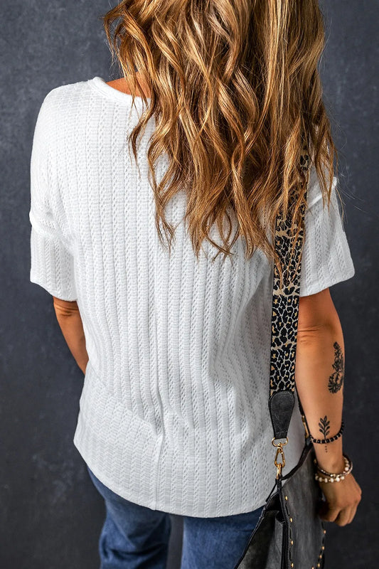 Textured Hollow Grommet Placket Split Neck Short Sleeve Top - Tigbul's Variety Fashion Shop