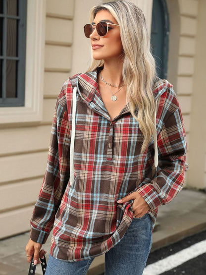 Drawstring Plaid Hooded Long Sleeve Top - Tigbul's Variety Fashion Shop