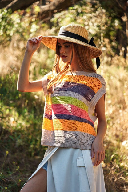 Crochet Multi Striped Pullover Knit Sweater Vest - Tigbuls Variety Fashion