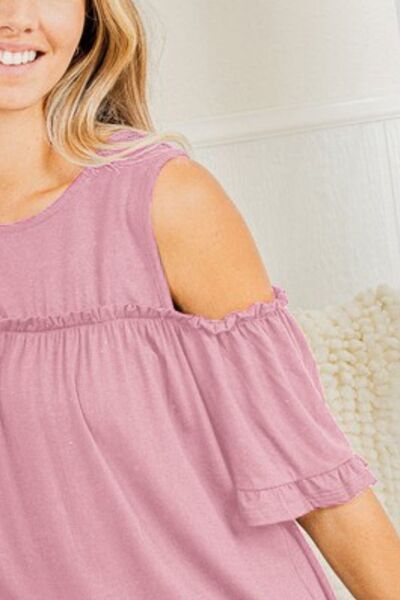 Pink Frill Round Neck Cold Shoulder T-Shirt - Tigbul's Variety Fashion Shop