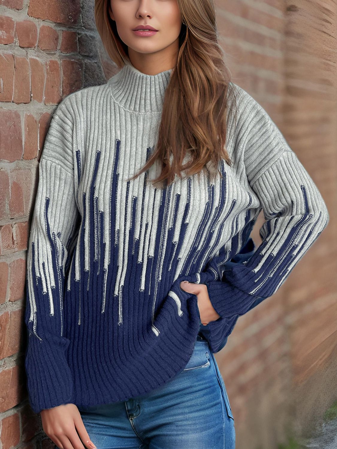 Contrast Mock Neck Long Sleeve Sweater - Tigbul's Variety Fashion Shop