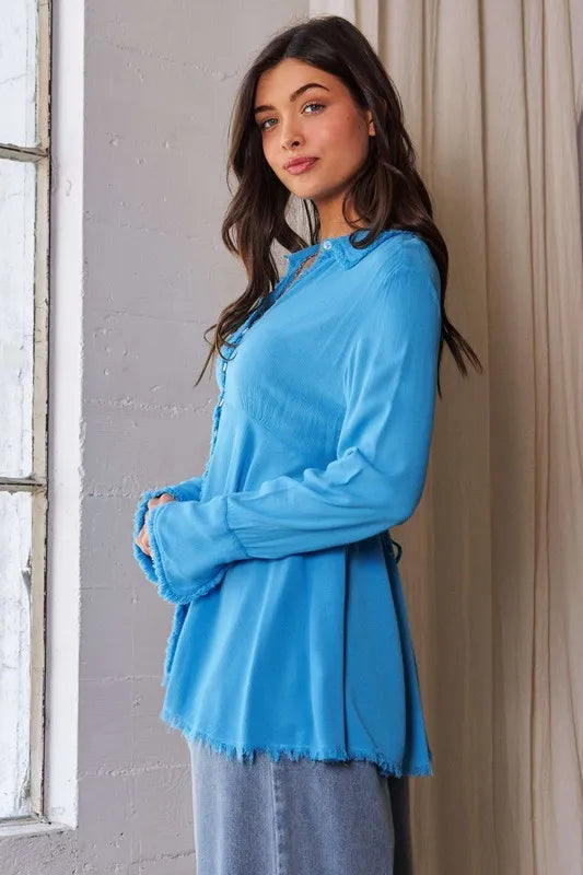 Blue V-Neck Open Back Adjustable Babydoll Shirt - Tigbul's Variety Fashion Shop