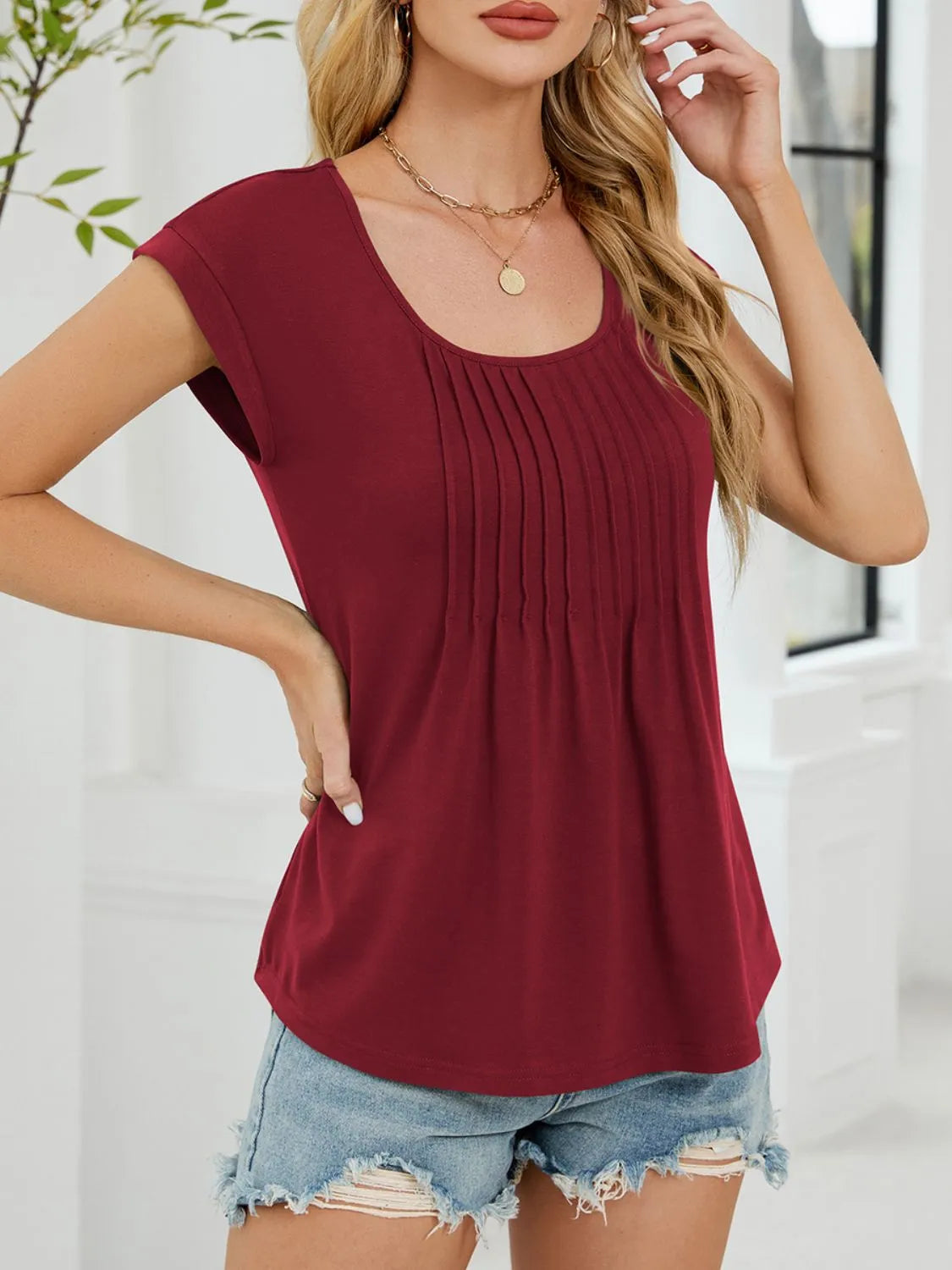 Pleated Front Scoop Neck T-Shirt - Tigbul's Variety Fashion Shop