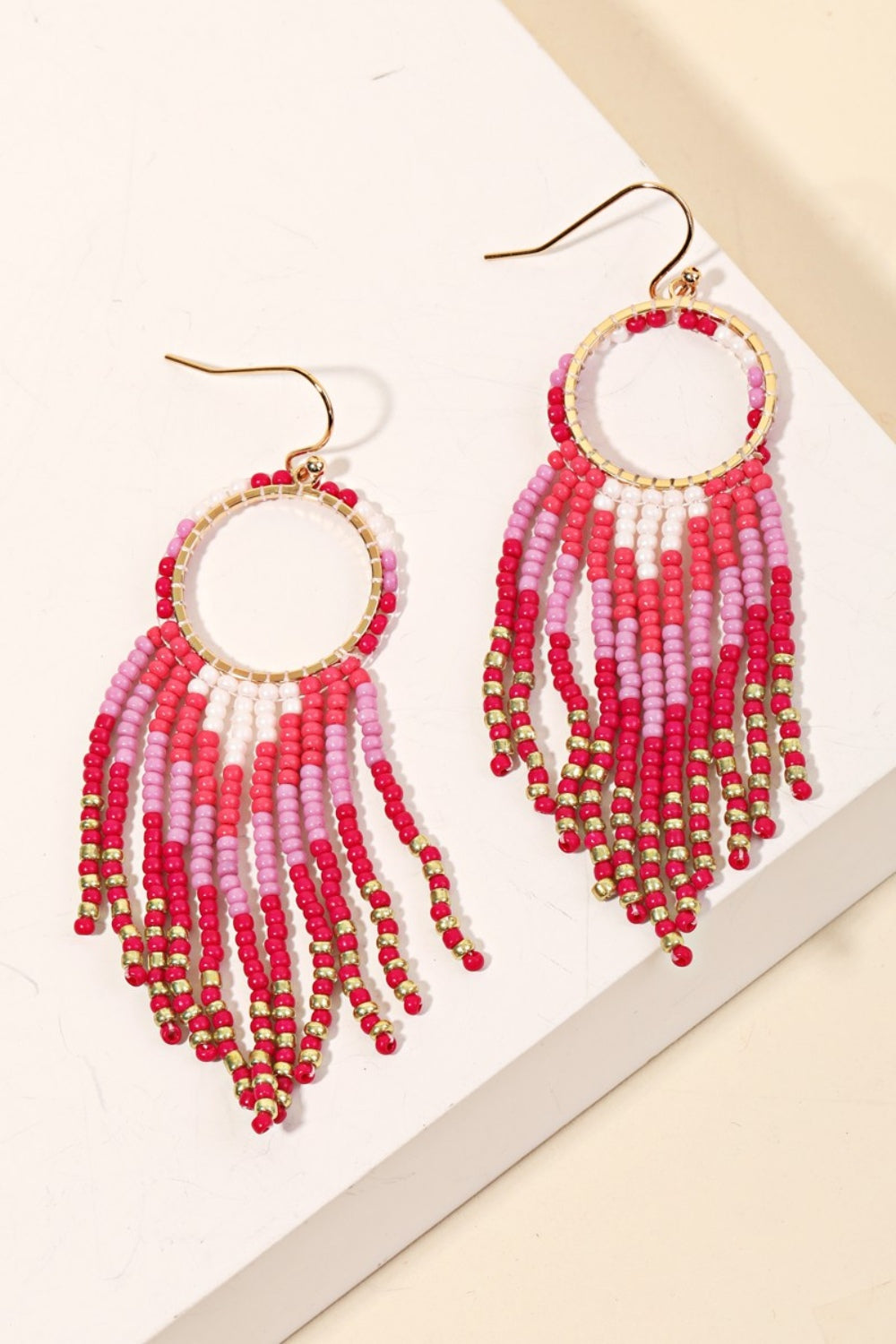 Fame Circle Cutout Seed Beaded Fringe Earrings - Tigbul's Variety Fashion Shop