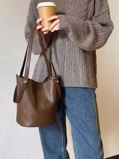 Brown Faux Leather Bucket Tote Bag - Tigbuls Variety Fashion Shop