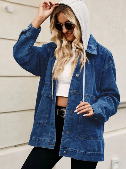 Oversized Button Up Denim Jacket with Hood - Tigbul's Variety Fashion Shop