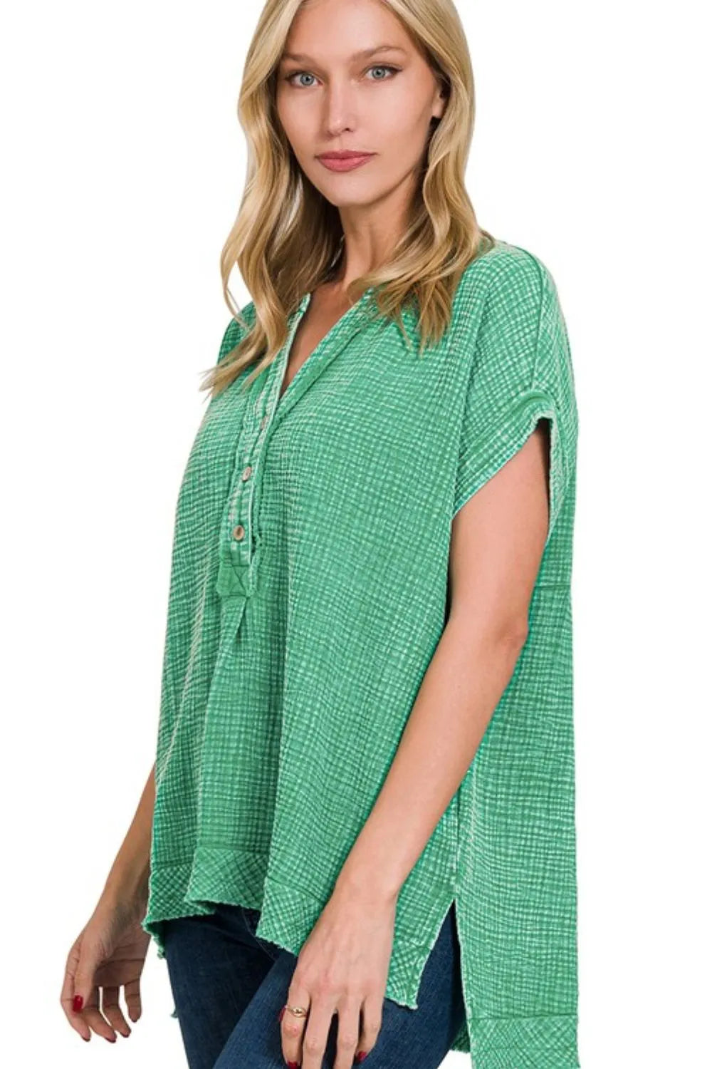 Zenana Washed Double Gauze 3/4 Button Henley Neck Shirt - Tigbul's Variety Fashion Shop