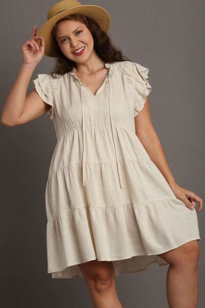 Tan Linen A-line Tiered Mini Dress - Tigbul's Variety Fashion Shop