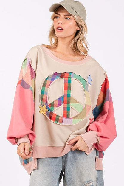 SAGE + FIG Full Size Contrast Peace Patch Dropped Shoulder Sweatshirt - Tigbul's Variety Fashion Shop