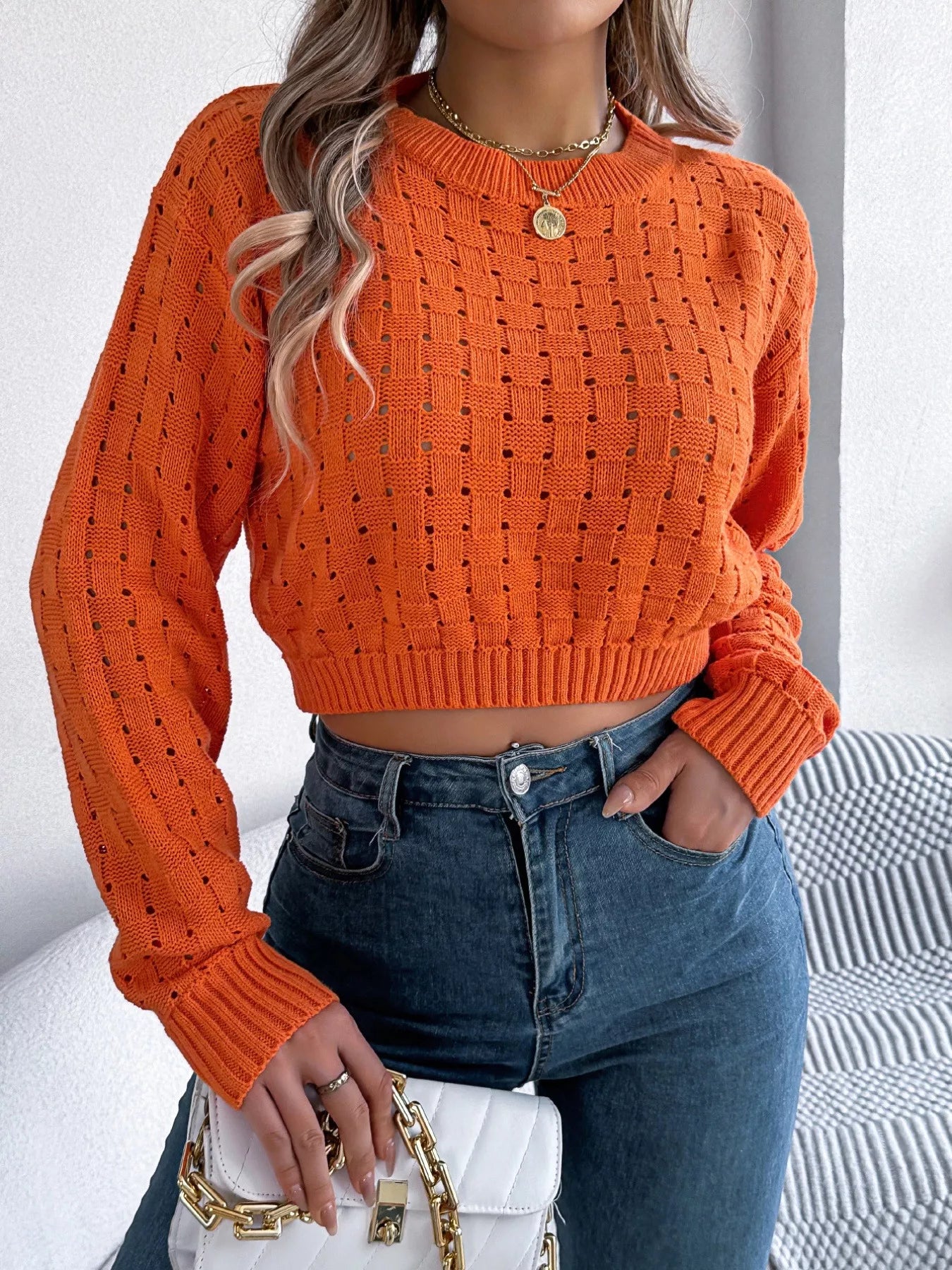 Cutout Back Openwork Round Neck Long Sleeve Sweater - Tigbul's Variety Fashion Shop