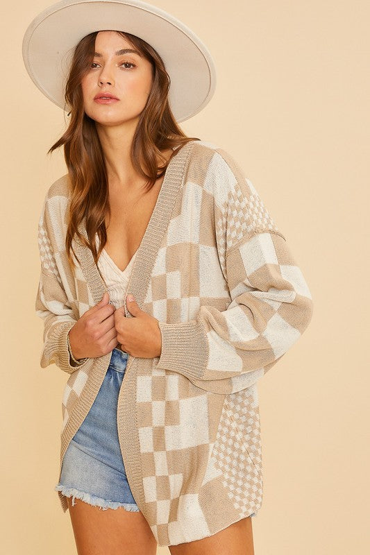 Tan Checkered Open Front Drop Shoulder Cardigan - Tigbul's Variety Fashion Shop