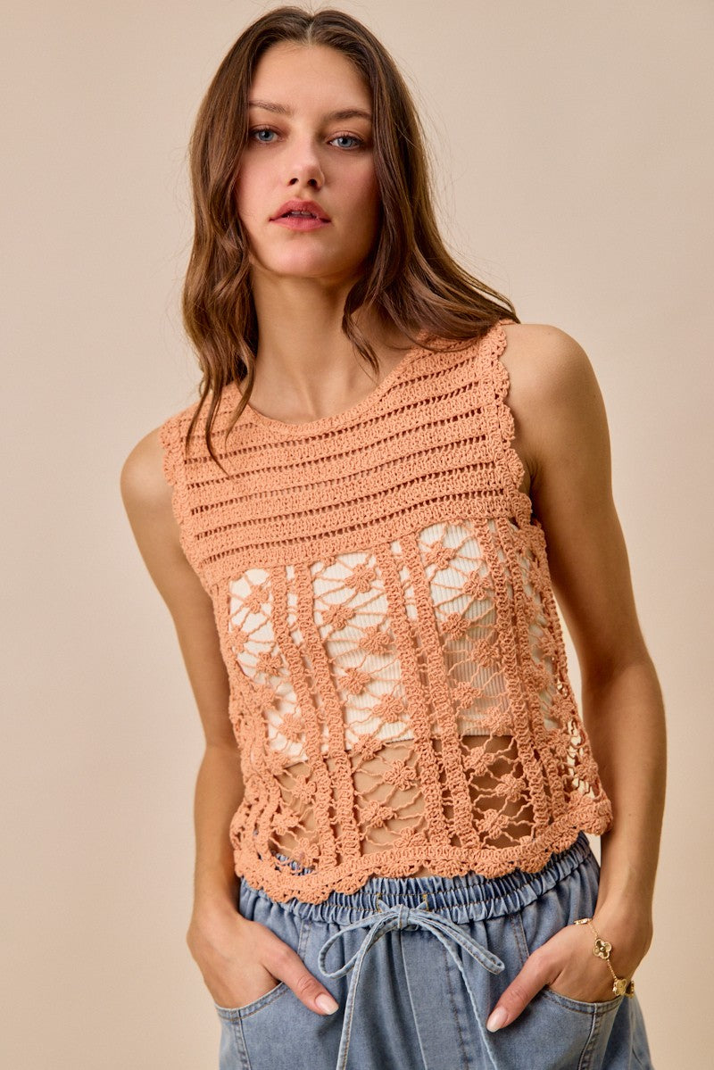 Peach Color Crochet Knit Lace Sweater Tank Top - Tigbul's Variety Fashion Shop