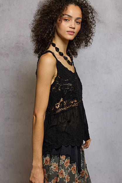 POL V-Neck Crochet Tank with Floral Embroidery Detail - Tigbul's Variety Fashion Shop